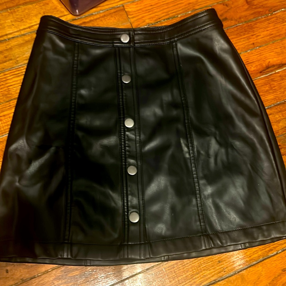 Black Button-Front Leather Skirt